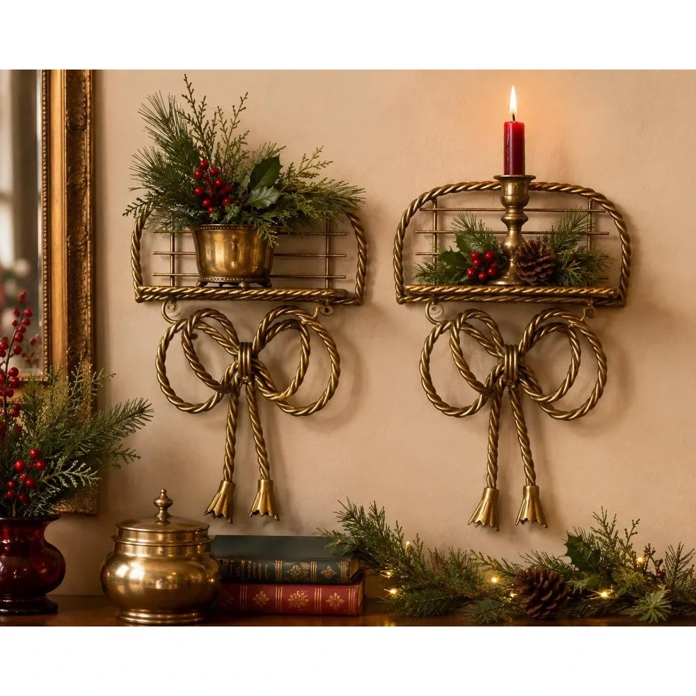 Vintage Brass Bow Wall Shelves Pair Twisted Rope Tassel Home Interiors Style 80s